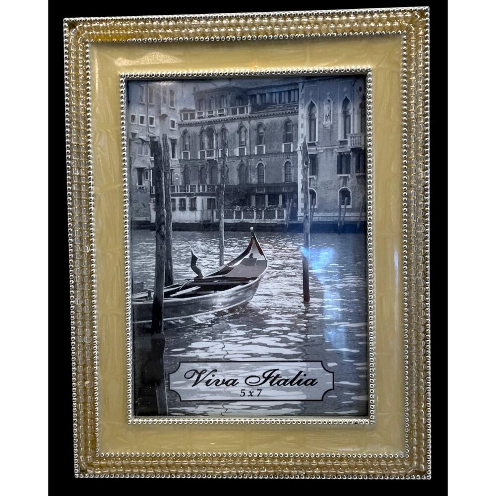 Vintage Thompson Butter Yellow and Silver Beaded Photo Frame 5x7 Viva Italia Des